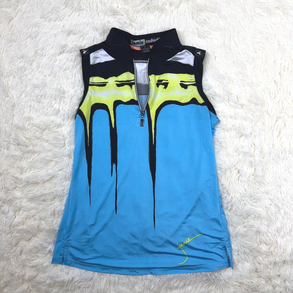 Vintage Jamie Sadock Golf Top Womens Small Blue Graphic Quarter Zip Sleeveless